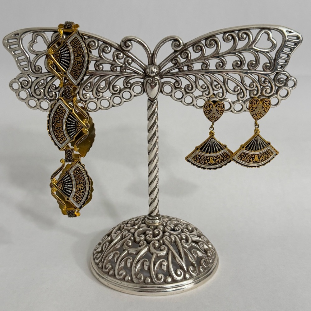 Vintage 1960s Spain Damascene Fan Link Bracelet and Screwback Earrings Set